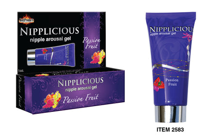 Nipplicious Passion Fruit Nipple Arousal Gel 1 Oz packaging display with flavor and benefits.