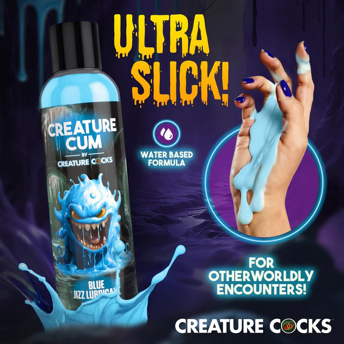 Creature Cum Blue Jizz Water-Based Lubricant 8 Oz bottle with blue liquid and vibrant branding design.