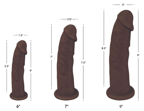 Silexpan Dark Hypoallergenic Silicone Dildo 7 Inch shown alongside 6" and 9" options with measurement details.