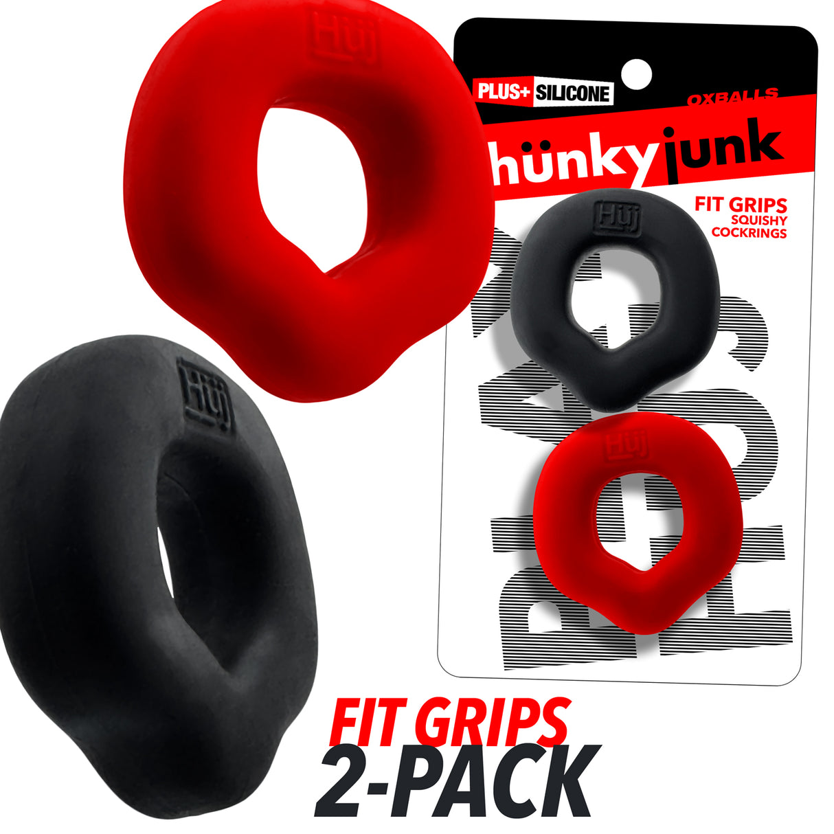 Oxballs Fit Grips 2-Pack Ergo-Fit Cockrings Black Red displayed in packaging with rubbery texture and flexible design.