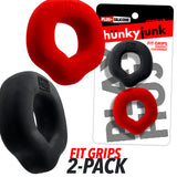 Oxballs Fit Grips 2-Pack Ergo-Fit Cockrings Black Red displayed in packaging with rubbery texture and flexible design.