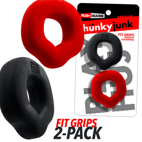 Oxballs Fit Grips 2-Pack Ergo-Fit Cockrings Black Red displayed in packaging with rubbery texture and flexible design.