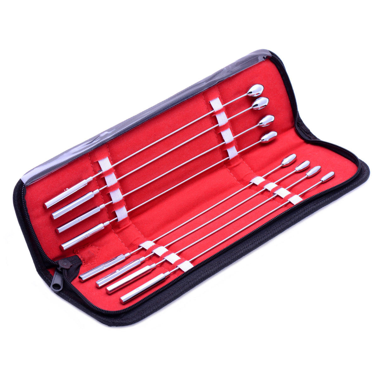 Kink Industries Rosebud Urethral Sounds Kit with polished steel shafts in a zippered case.
