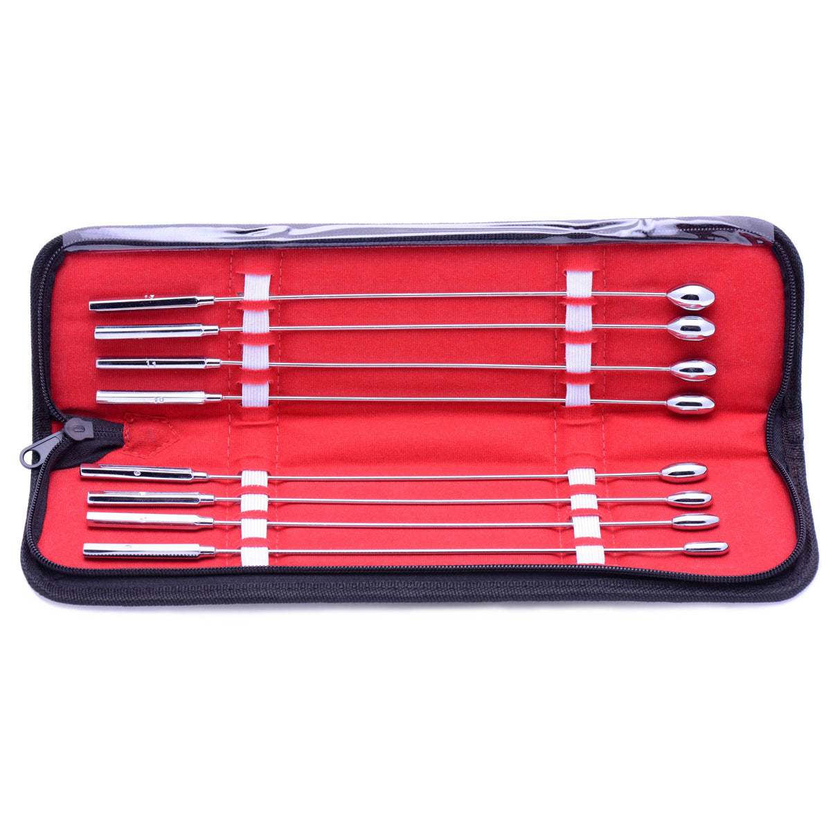 Kink Industries Rosebud Urethral Sounds Kit featuring graduated steel shafts in red case.
