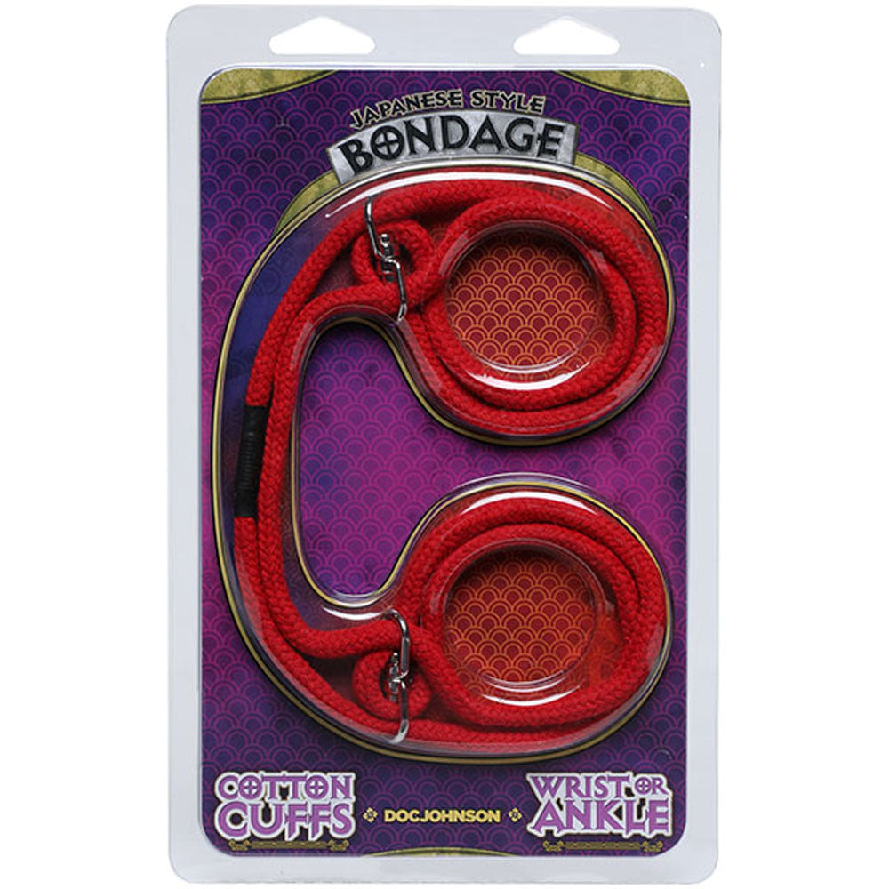 Doc Johnson Japanese Style Bondage Cotton Cuffs Red packaging featuring red cotton cuffs for wrist and ankle restraint.
