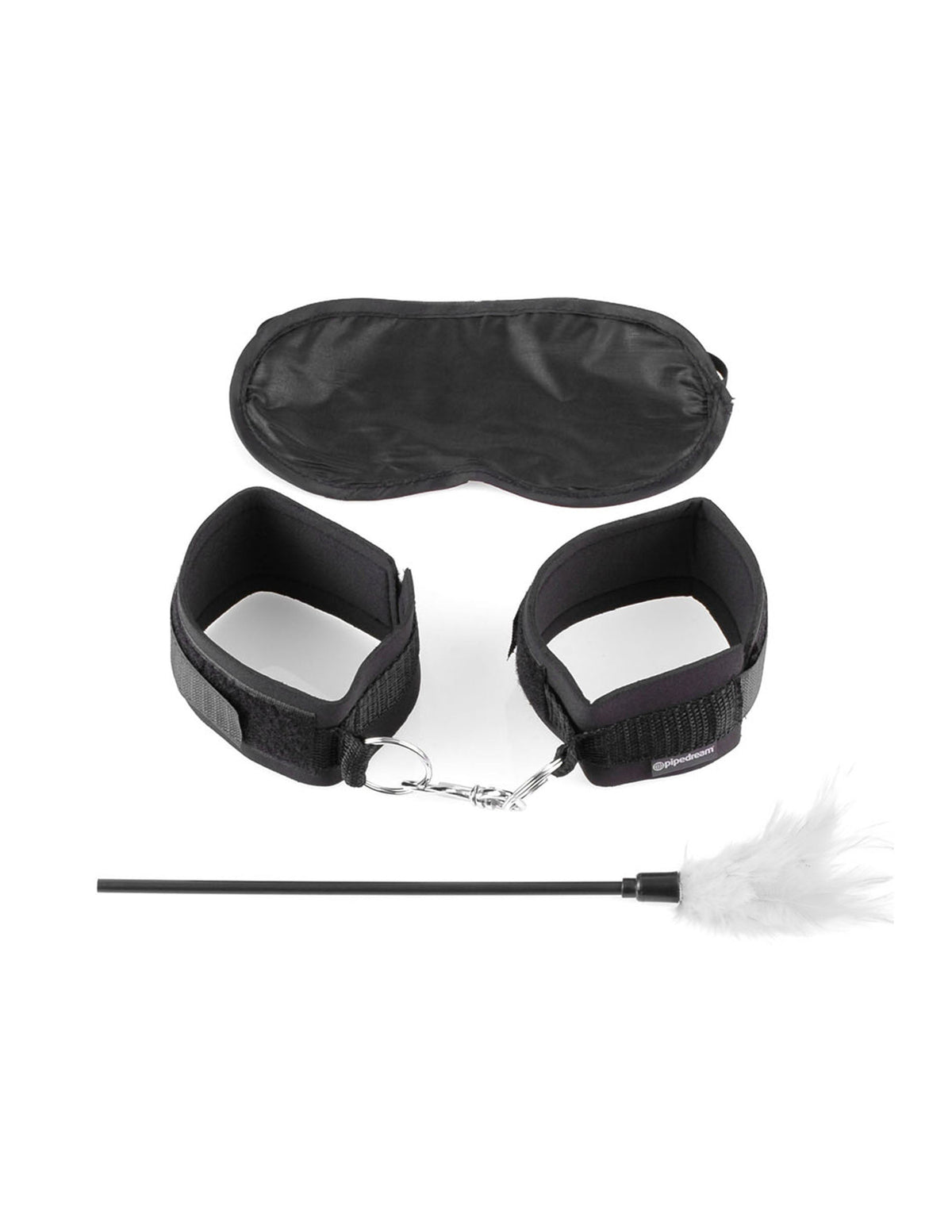 Fetish Fantasy Series Sensual Seduction Kit includes bondage cuffs, blindfold, and feather tickler for playful exploration.