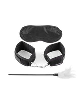 Fetish Fantasy Series Sensual Seduction Kit includes bondage cuffs, blindfold, and feather tickler for playful exploration.