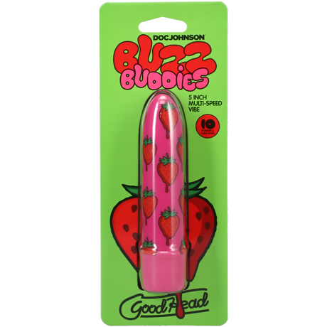 Goodhead Buzz Buddies 5 Inch Multi-Speed Vibe Strawberries in packaging with playful strawberry design.