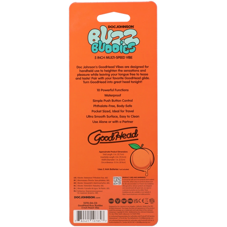 Goodhead Buzz Buddies 5 Inch Muti-Speed Vibe Peaches packaging with features and instructions.