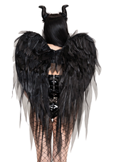 Leg Avenue Dark Enchantress Chiffon Wings & Horn Headband Black on a model with long black wings and curved horns.