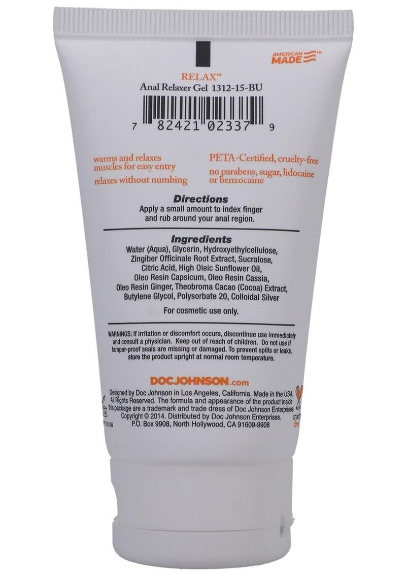 Relax Anal Relaxer Water Based Lubricant 2 Oz Bulk product instructions and ingredients on packaging.