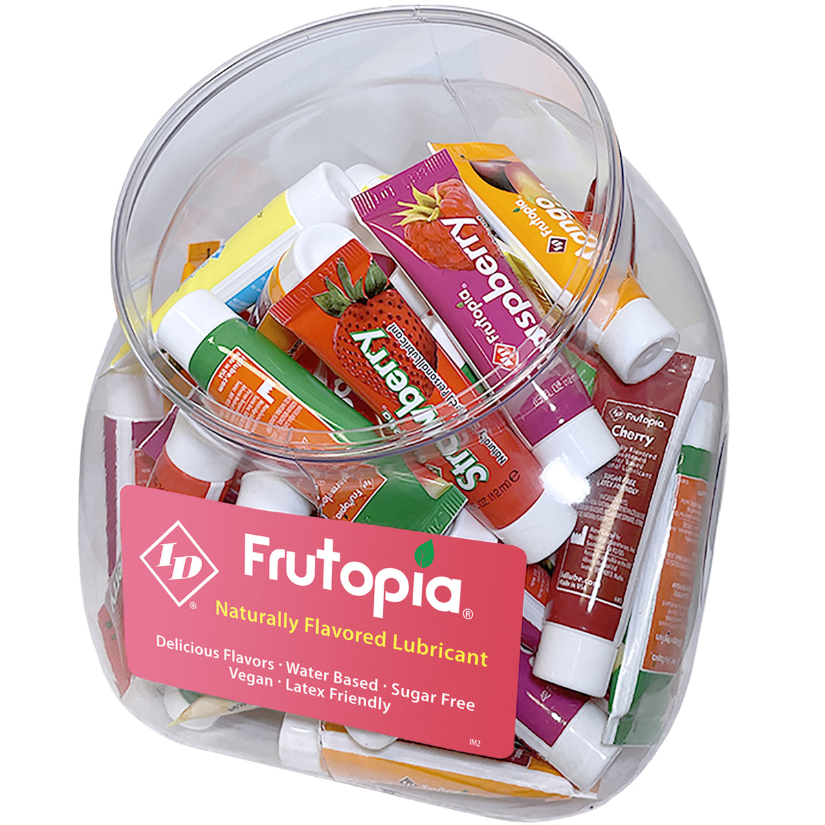 Frutopia 12ml Assorted Flavored Lubricant Tubes Jar displayed in a clear fishbowl with colorful labels.