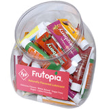 Frutopia 12ml Assorted Flavored Lubricant Tubes Jar displayed in a clear fishbowl with colorful labels.