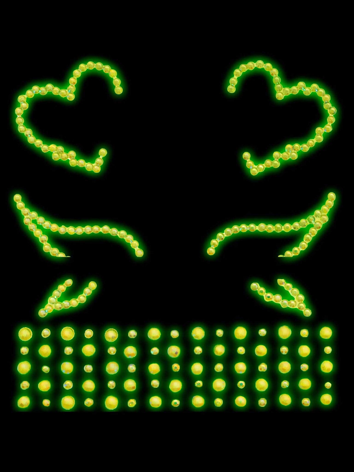 Ayla Adhesive Glow in the Dark Face Jewels featuring sparkling heart and rhinestone designs.
