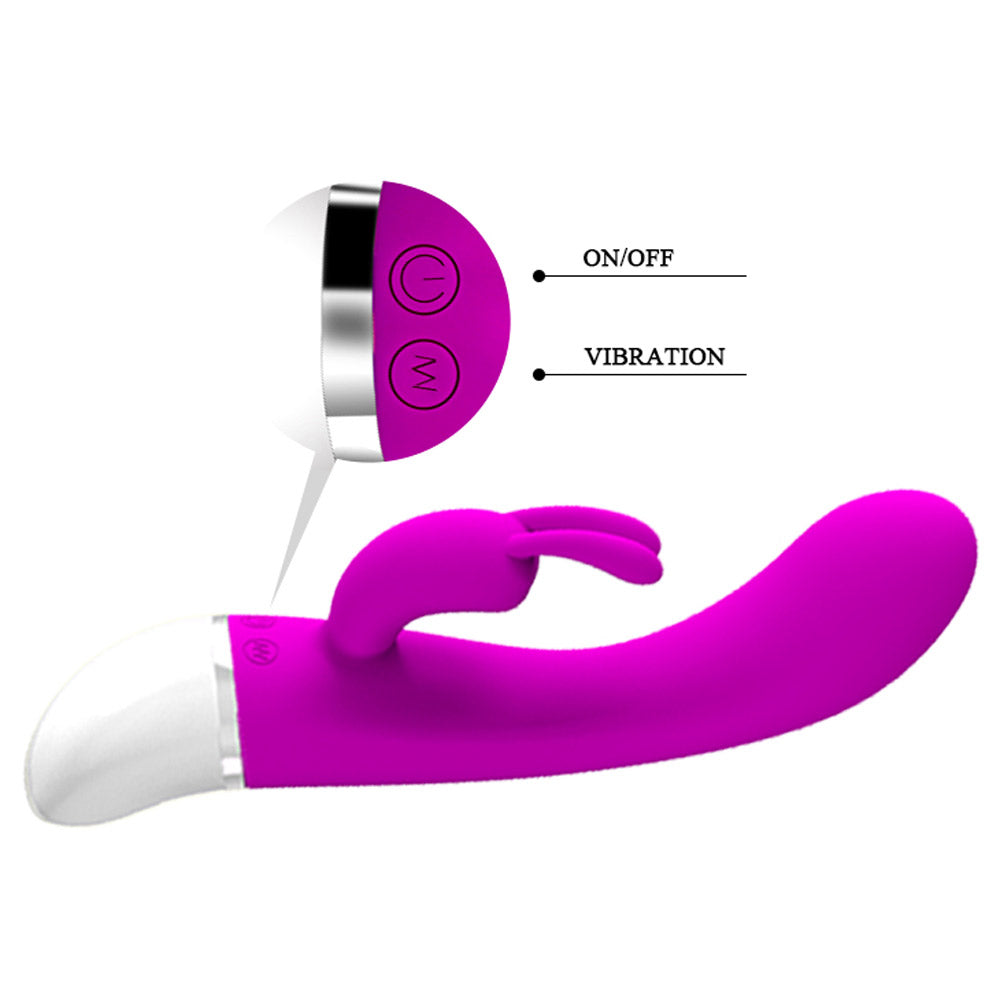 Pretty Love Freda Silicone Rabbit Vibrator Purple with ON/OFF and vibration controls displayed.