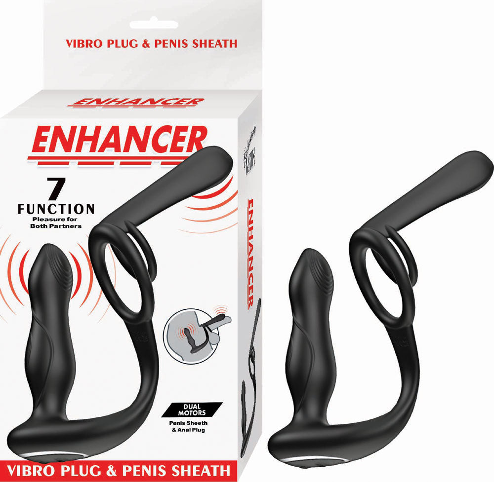 Enhancer Vibro Plug & Penis Sheath Black with dual motors and 7 vibration functions for enhanced pleasure.
