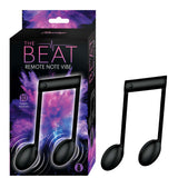The Beat Remote Note Vibe Black product packaging featuring a whimsical music note design and features ten powerful vibrations.
