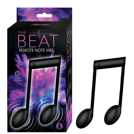 The Beat Remote Note Vibe Black product packaging featuring a whimsical music note design and features ten powerful vibrations.