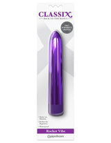 Classix Rocket Vibe Purple 7 Inch Metallic vibrator in sleek packaging with shiny purple finish