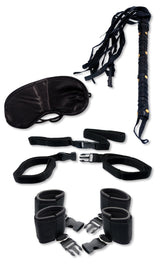 Fetish Fantasy Bedroom Bondage Kit with blindfold, restraints, and whip for couples exploring bondage.