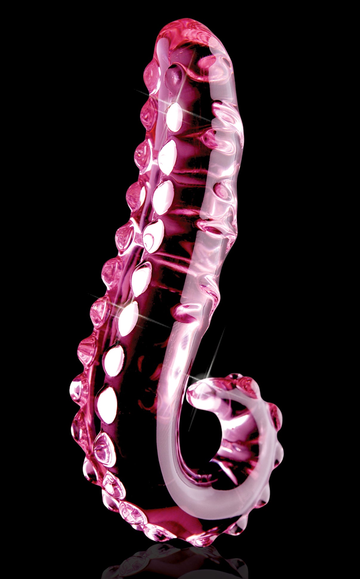 Icicles No 24 Hand Blown Glass Massager Pink displayed on a black background, showcasing its unique and elegant design.