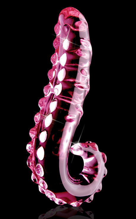 Icicles No 24 Hand Blown Glass Massager Pink displayed on a black background, showcasing its unique and elegant design.