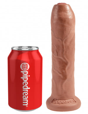 King Cock 7 Inch Uncut Suction Cup Dildo Tan beside a soda can for size comparison, showcasing realistic details.