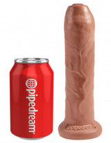 King Cock 7 Inch Uncut Suction Cup Dildo Tan beside a soda can for size comparison, showcasing realistic details.