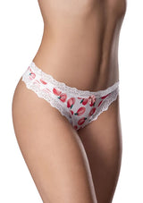 Magic Silk Sweet Treats Crotchless Thong Peach 2XL featuring a delicate peach print and lace trim.