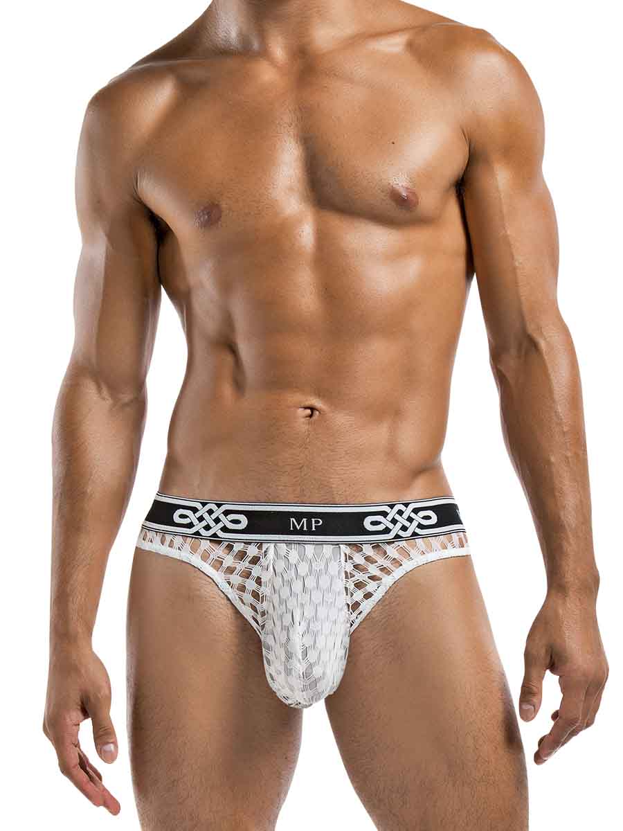 Male Power Peep Show Low Rise Thong White Small to Medium showcased on a male model, highlighting its bold design.
