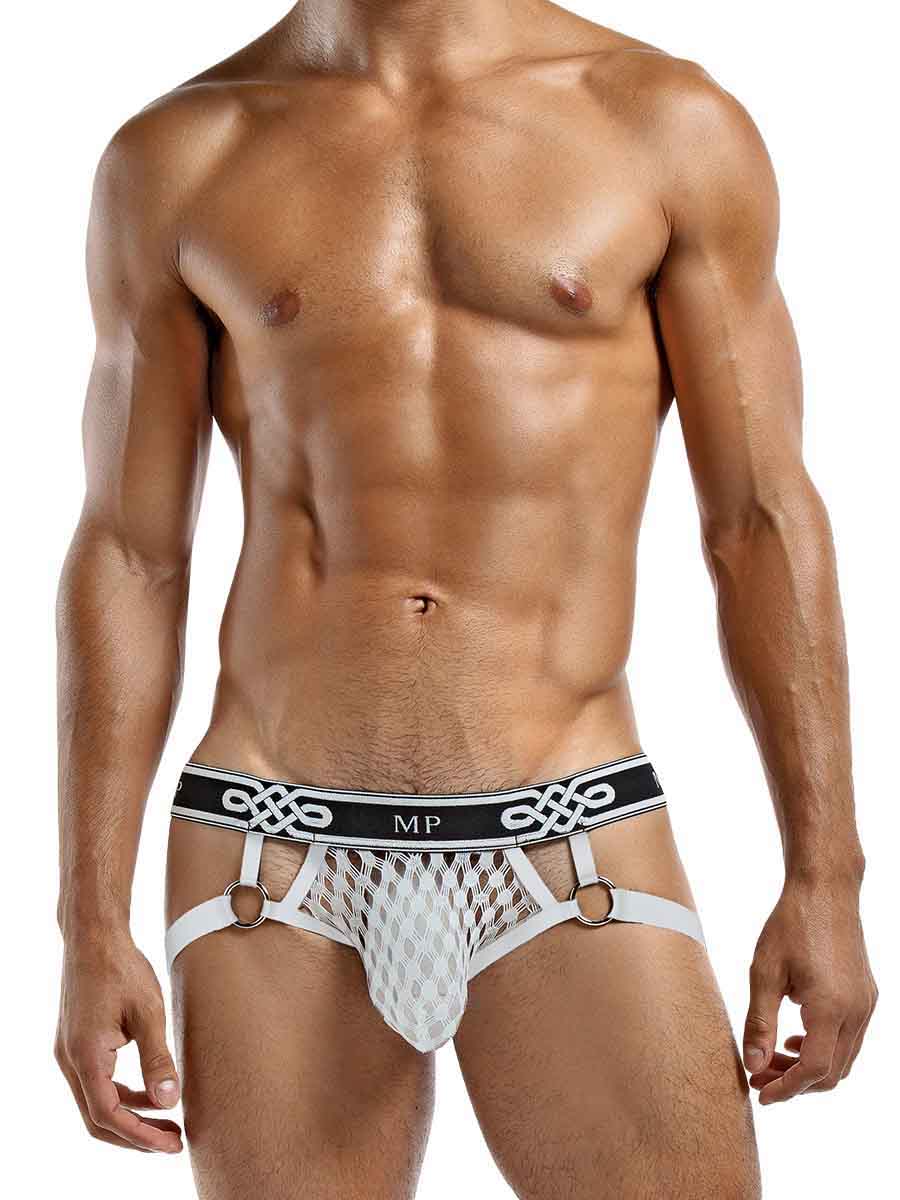 Male Power Peep Show Jock Ring White L XL on a muscular male model showcasing a confident style in revealing underwear.