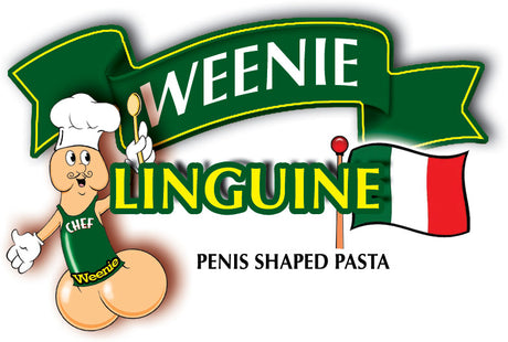 Weenie Linguini Penis Shaped Pasta 6.25 Ounce playful cartoon logo with chef character and Italian flag.