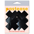 Pastease Petite Plus X Faux Latex Black Cross Nipple Pasties in packaging, showcasing glossy black cross designs.
