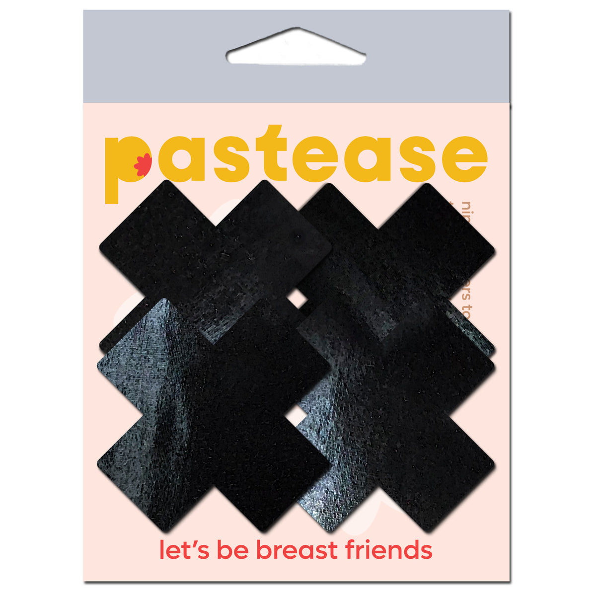 Pastease Petite Plus X Faux Latex Black Cross Nipple Pasties in packaging, showcasing glossy black cross designs.