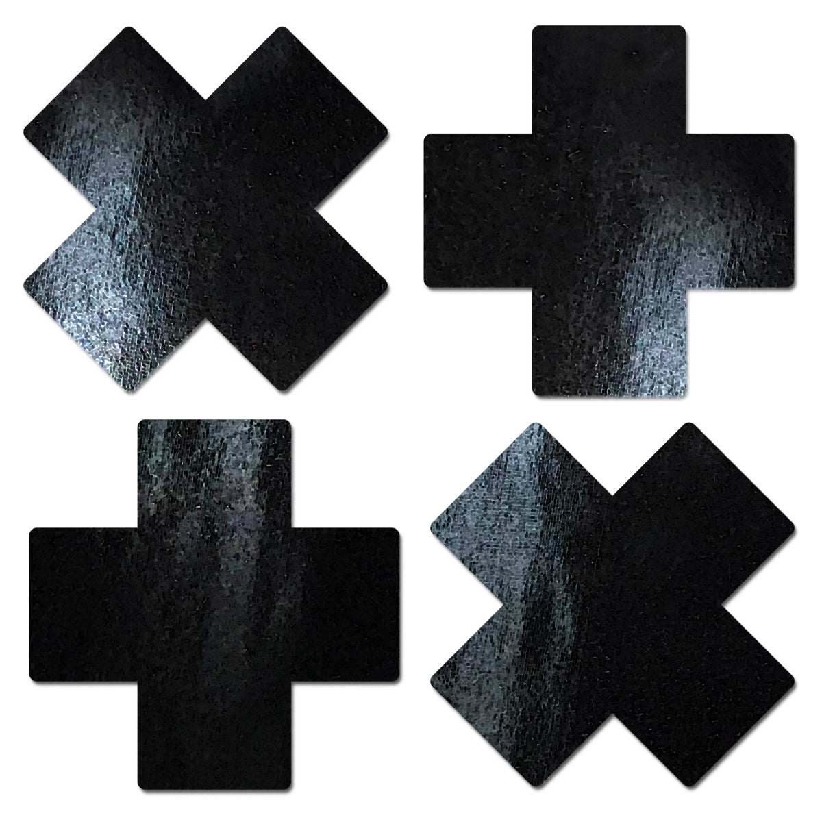 Pastease Petite Plus X Faux Latex Black Cross Nipple Pasties displayed in four glossy black cross shapes.