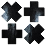 Pastease Petite Plus X Faux Latex Black Cross Nipple Pasties displayed in four glossy black cross shapes.
