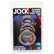 Jock Discreet Silicone Cock Ring Set Dark displayed in packaging with three silicone rings for customizable comfort and fit.