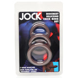 Jock Discreet Silicone Cock Ring Set Dark displayed in packaging with three silicone rings for customizable comfort and fit.
