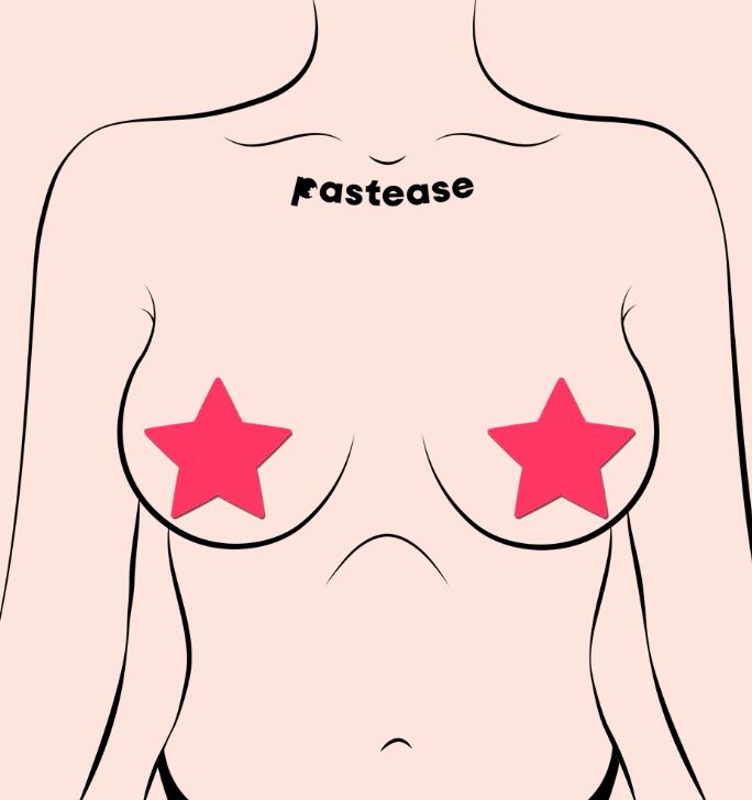 Pastease Star Glow In The Dark Pasties Neon Pink on a model's chest highlighting vibrant star-shaped nipple covers.