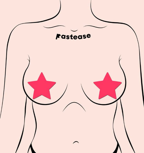 Pastease Star Glow In The Dark Pasties Neon Pink on a model's chest highlighting vibrant star-shaped nipple covers.