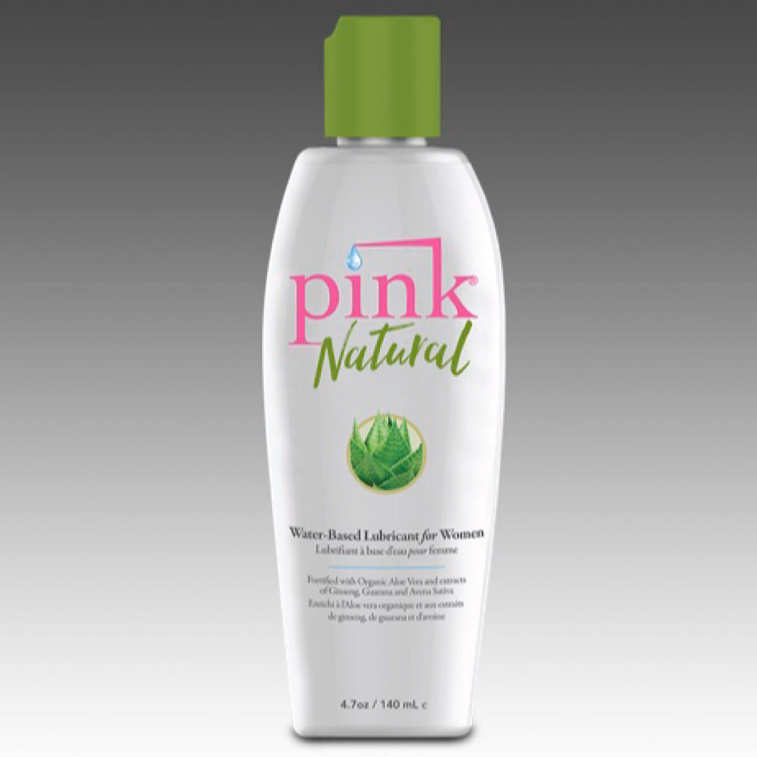 Pink Natural Water-based Lubricant for Women 4.7 Oz bottle with aloe vera design for intimate care.
