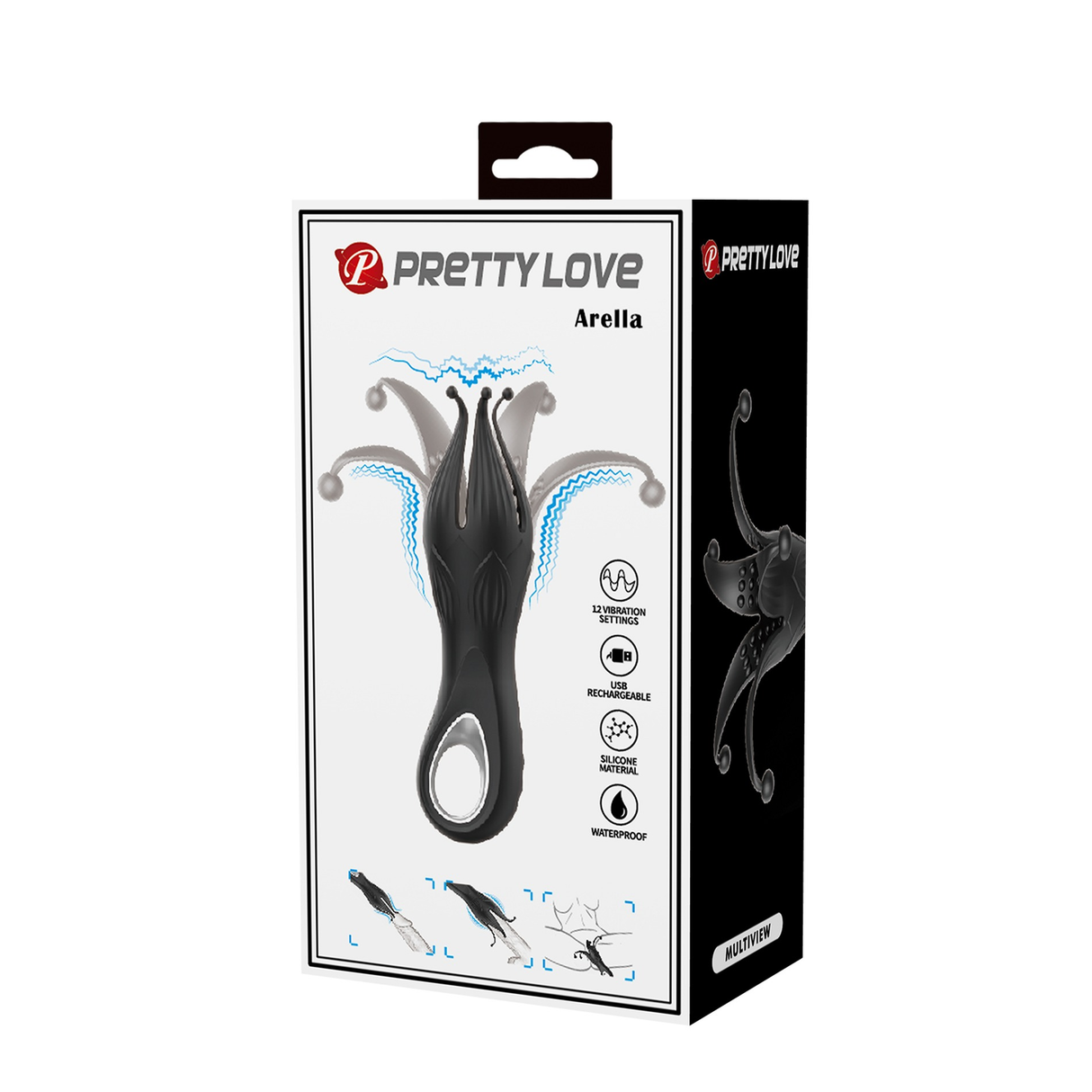 Pretty Love Arella Multi Petal Stimulator Black packaging with features and octopus design.