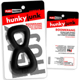 Oxballs Boomerang Double-Ring Cockring & Nut-Tugger Black on packaging with a sleek design for comfort and support.