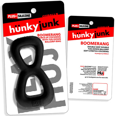 Oxballs Boomerang Double-Ring Cockring & Nut-Tugger Black on packaging with a sleek design for comfort and support.