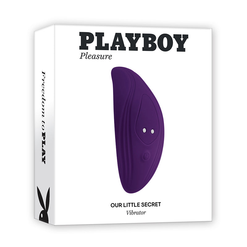 Playboy Our Little Secret Panty Vibrator Purple packaging featuring sleek design and remote control features.