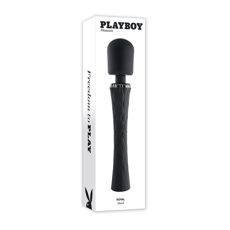 Playboy Royal Silicone Vibrating Wand Massager Black in sleek packaging, showcasing its smooth design and functionality.