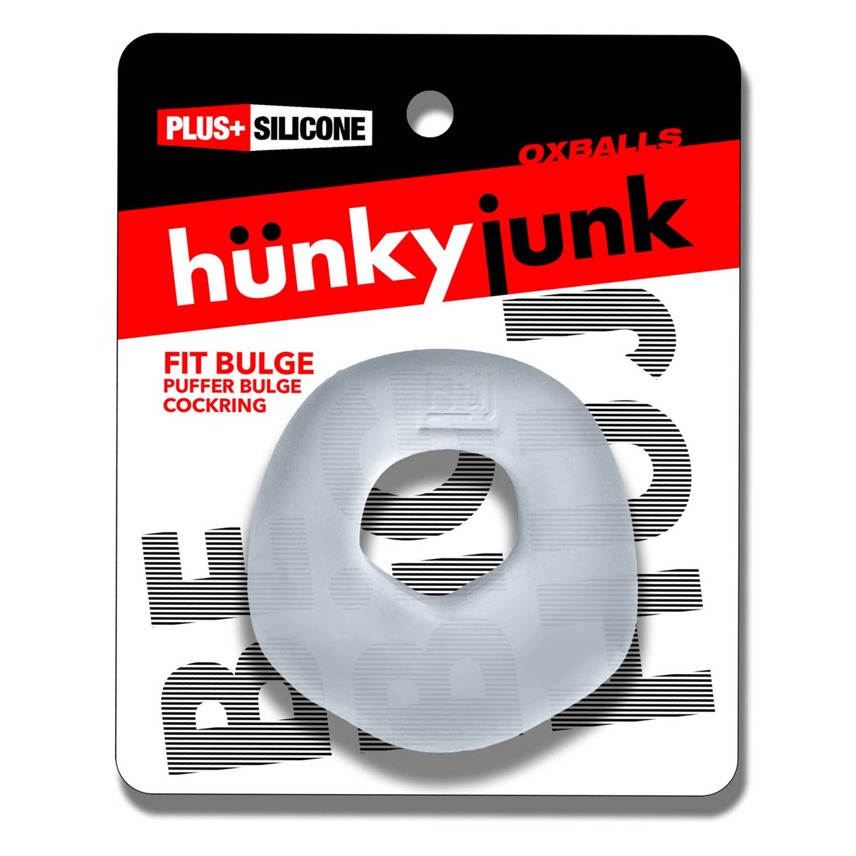 Oxballs Fit Bulge Hung-Style Cockring Clear Steam in packaging showcasing design and features.