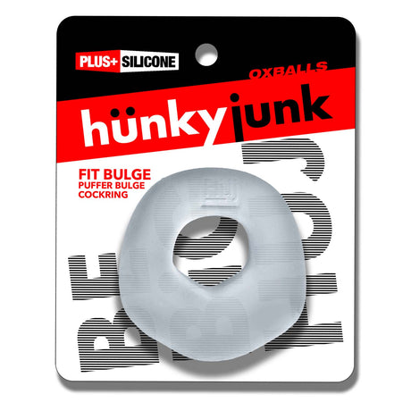 Oxballs Fit Bulge Hung-Style Cockring Clear Steam in packaging showcasing design and features.