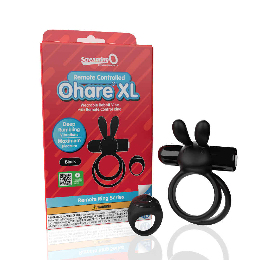 Screaming O Remote Controlled Ohare XL Vibrating Ring Black packaging with remote control and cock rings displayed.