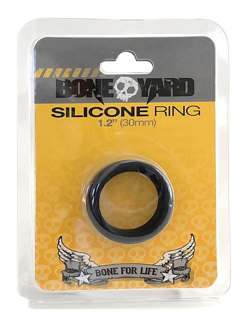 Boneyard Silicone Ring 30 mm Black in packaging showcasing its design and features.